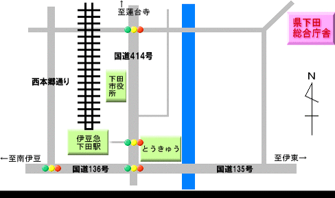 地図：伊豆急下田駅を東側に出て、信号を左折し、一つ目の信号（看板有り）を右折し、橋を渡ってまっすぐ300メートルほど行ったところの右側です