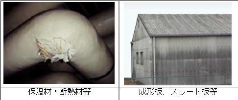 写真:アスベスト含有建材の使用例(保温材・断熱材等、成形版、スレート板等)