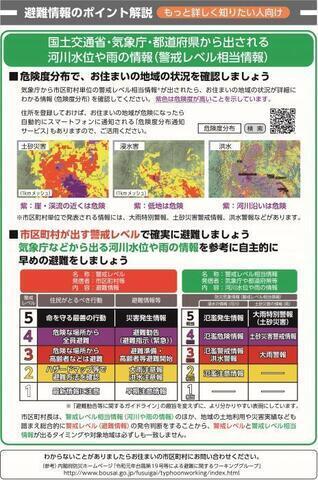 チラシの写真：避難情報のポイント解説もっと詳しく知りたい人向け　国土交通省・気象庁・都道府県から出される河川水位や雨の情報（警戒レベル相当情報）