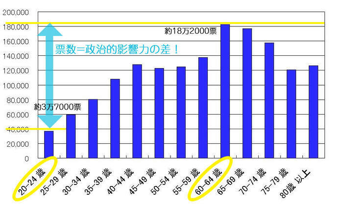 グラフ:おおよその年代別投票数