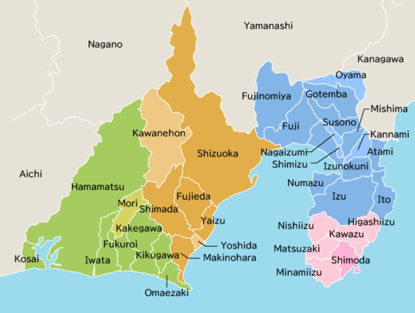 Bản đồ thể hiện thành phố, thị trấn, làng ở trong tỉnh Shizuoka