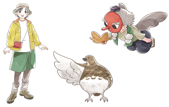 未来デザインのキャラクター(中学生、天狗さん、ライチョウ)