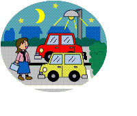 イラスト：女性が車の近くにいる照明のある夜間の駐車場