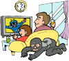 イラスト:家人がソファに座ってテレビを見ている隙に泥棒が侵入している様子