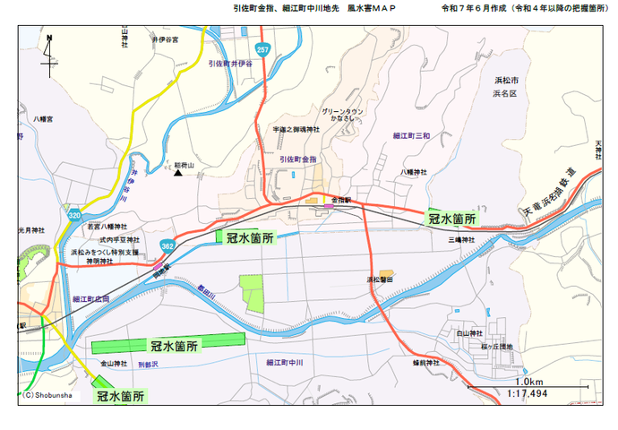 地図：引佐町金指、細江町中川地先　風水害マップ