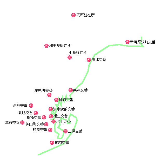 地図：清水警察署管轄内の交番及び駐在所の場所