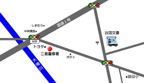 地図:谷田交番周辺の建物を目印とした案内図