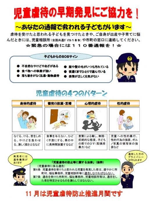 ポスターの写真：子供からのSOSサイン、児童虐待4つのパターン記載あり