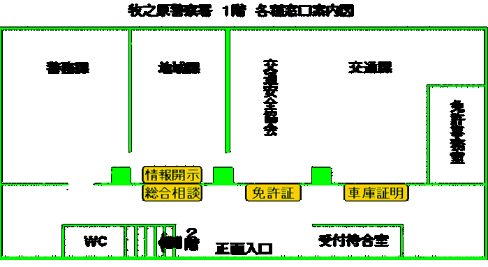 イラスト：牧之原警察署1階の各種窓口の場所