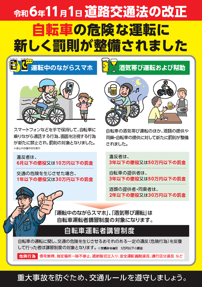 チラシ：自転車「ながらスマホ」厳罰化、「酒気帯び運転」も罰則対象！